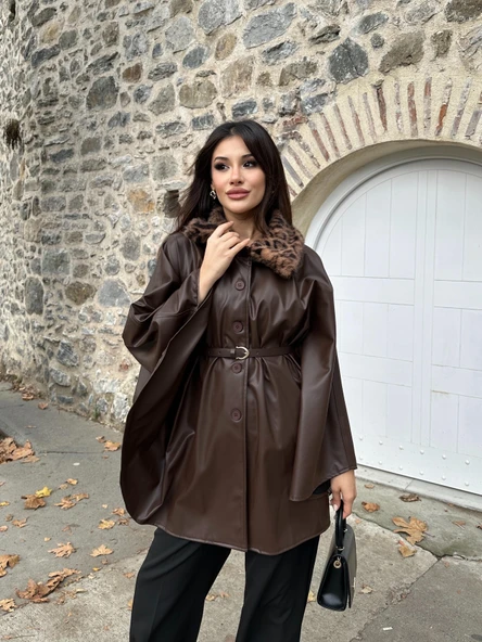 Leopar Kürk Yaka Deri Görünümlü Düğmeli Kemerli Abiye Panço Ceket Siyah - Resim 4