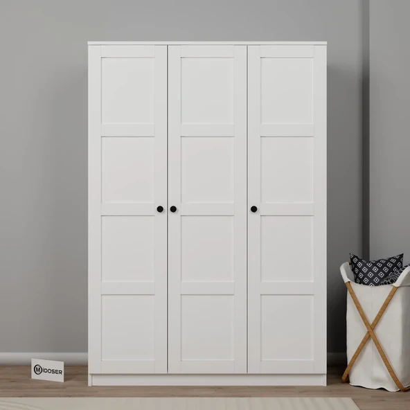 Lucas 3 Kapaklı, 6 Raf Bölmeli, Askılıklı Geniş Elbise Dolabı, Gardırop – Beyaz ürün görseli 1