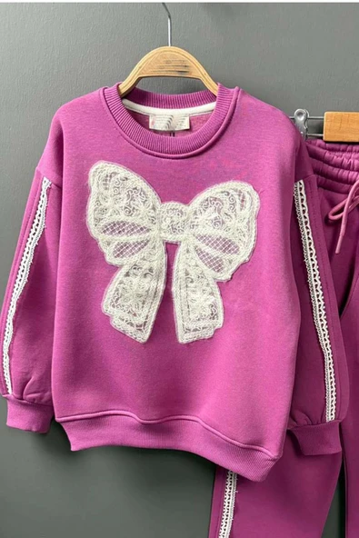 Kız Çocuk Göğsü Kurdela Dantel Şerit Detaylı Bağcıklı 3 İplik Mor Eşofman Takım - Resim 5