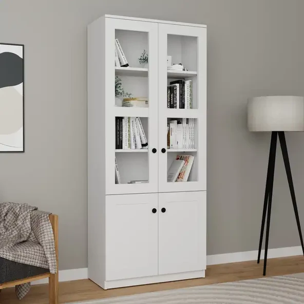 Lisa 4 Kapaklı Beyaz Vitrin - Kitaplık ve Çok Amaçlı Dolap - Resim 2