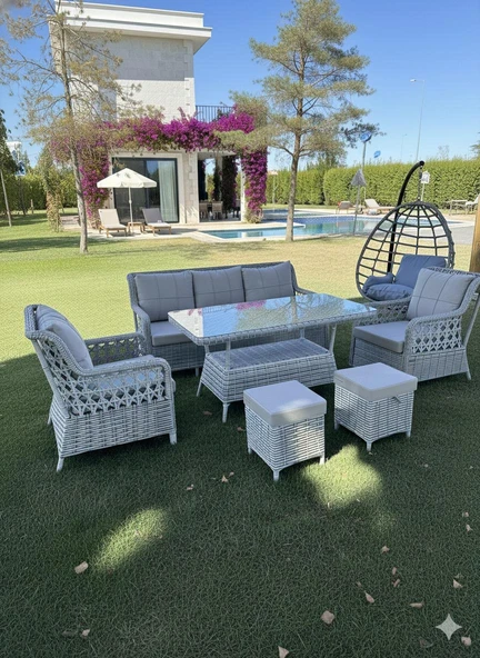 Ayaz 7 Kişilik Rattan Bahçe Oturma Grubu – 3+1+1 Koltuk, Cam Masa Ve 2 Puf Hediyeli Salincakli - Resim 3