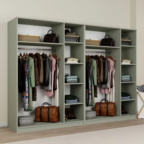 Lucas 6 Kapaklı, 12 Raf Bölmeli, Askılıklı Geniş Elbise Dolabı, Gardırop, Yeşil 190*270 - Resim 4