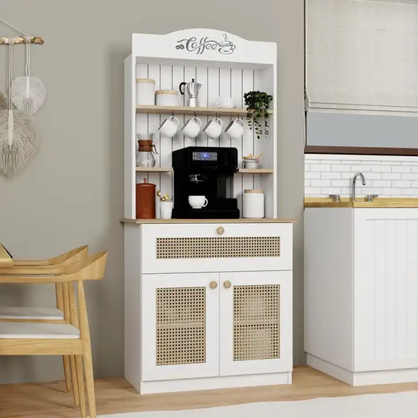 Lucas 2 Kapaklı Çekmeceli Sarı Hasır Desen Kahve Köşesi Çok Amaçlı Mutfak Dolabı-Açık Ceviz & Beyaz - Resim 2