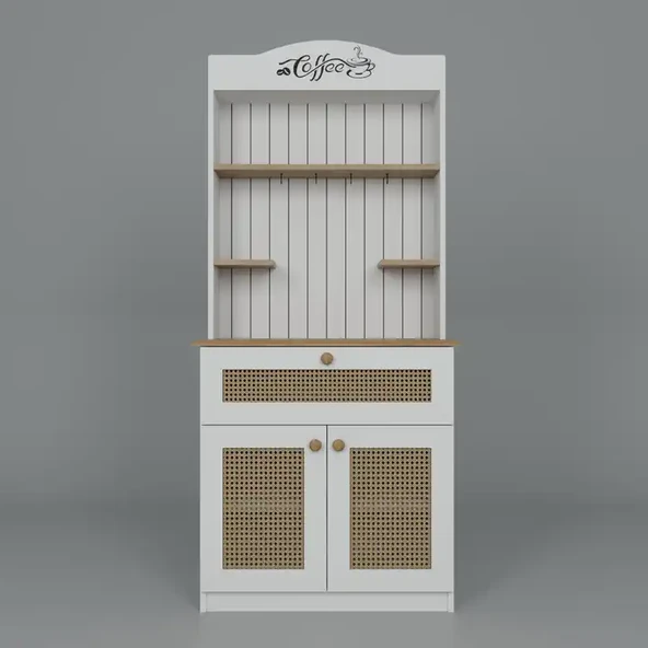 Lucas 2 Kapaklı Çekmeceli Sarı Hasır Desen Kahve Köşesi Çok Amaçlı Mutfak Dolabı-Açık Ceviz & Beyaz - Resim 6