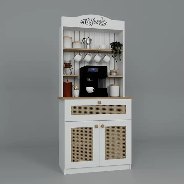 Lucas 2 Kapaklı Çekmeceli Sarı Hasır Desen Kahve Köşesi Çok Amaçlı Mutfak Dolabı-Açık Ceviz & Beyaz - Resim 5