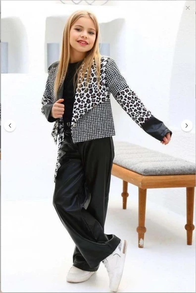 Kız Çocuk Üzeri Leopar ve Kazayağı Deri Detaylı Ceket Bol Kesim Pantolon Siyah Alt Üst Takım ürün görseli