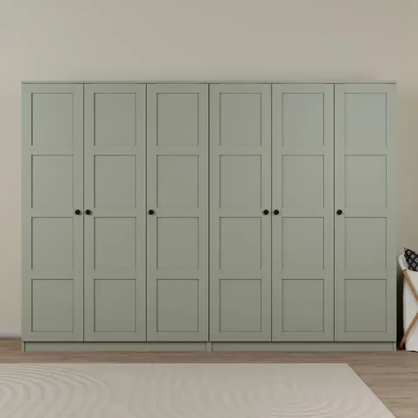 Lucas 6 Kapaklı,15 Raf Bölmeli Yüklük & Askılıklı Geniş Elbise Dolabı-Gardırop Yeşil 190x270 cm ürün görseli 1