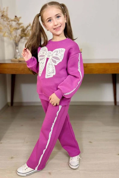 Kız Çocuk Göğsü Kurdela Dantel Şerit Detaylı Bağcıklı 3 İplik Mor Eşofman Takım ürün görseli