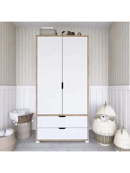 90 Cm Açık Ceviz-Beyaz 2 Kapılı 2 Çekmeceli Elbise Dolabı - Gardırop ürün görseli 1