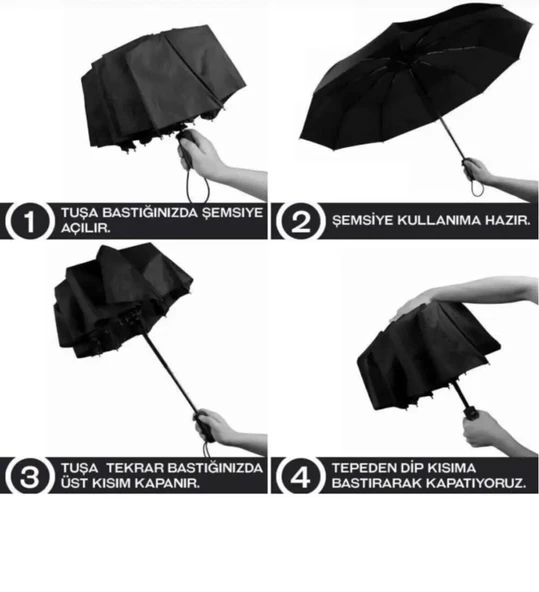 Otomatik Açma Kapama Fiber Tel Orjinal Kaliteli Şemsiye(Gri Haki Bordo Lacivert Fuşya Mor Siyah) - 4
