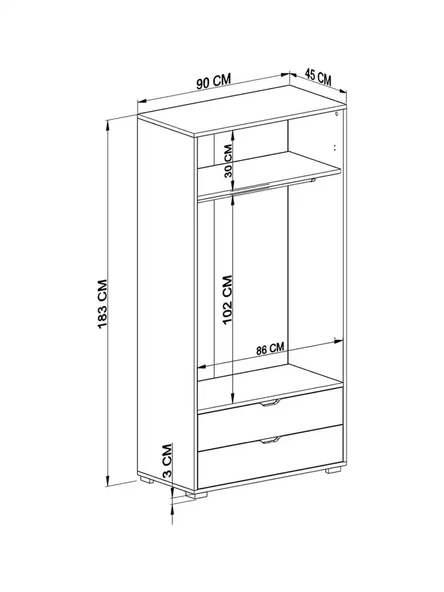 90 Cm Açık Ceviz-Beyaz 2 Kapılı 2 Çekmeceli Elbise Dolabı - Gardırop - Resim 7