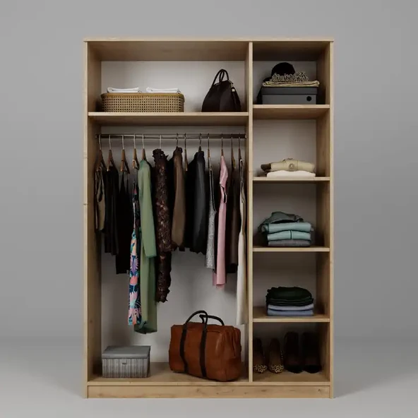 Lucas 3 Kapaklı, 6 Raf Bölmeli, Askılıklı Geniş Elbise Dolabı, Gardırop – Safir Meşe - 7