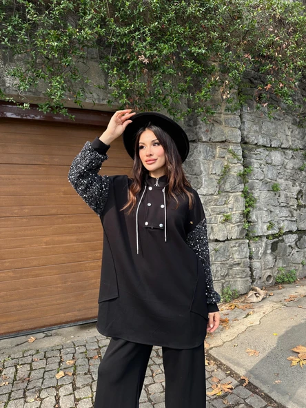 Kadın Siyah Payetli Kol Detaylı Uzun Tunik Kazak Yarım Fermuarlı Bol Kesim