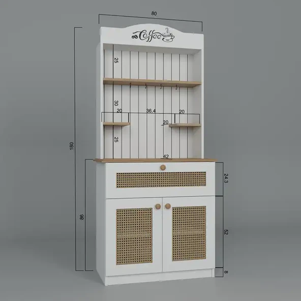 Lucas 2 Kapaklı Çekmeceli Sarı Hasır Desen Kahve Köşesi Çok Amaçlı Mutfak Dolabı-Açık Ceviz & Beyaz - Resim 7