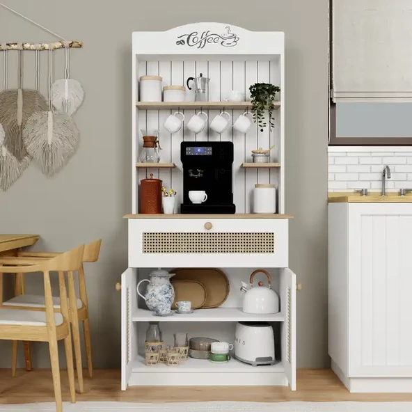 Lucas 2 Kapaklı Çekmeceli Sarı Hasır Desen Kahve Köşesi Çok Amaçlı Mutfak Dolabı-Açık Ceviz & Beyaz - Resim 4