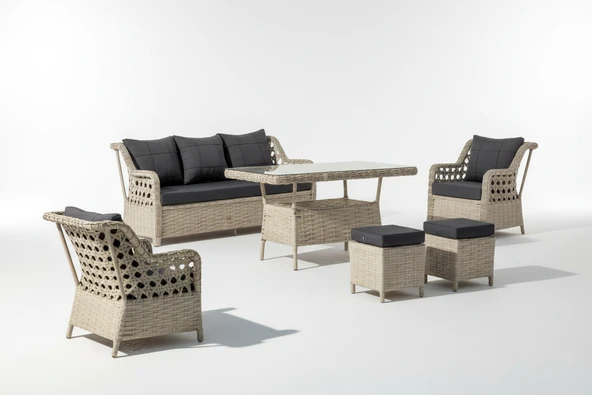 Ayaz 7 Kişilik Rattan Bahçe Oturma Grubu – 3+1+1 Koltuk, Cam Masa Ve 2 Puf Hediyeli - Resim 3
