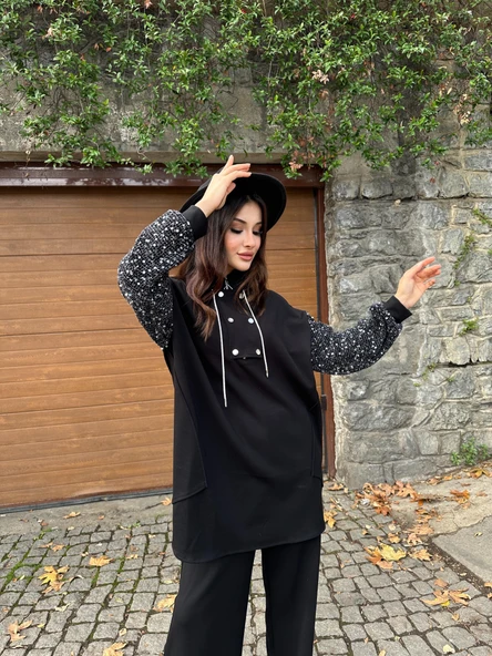 Kadın Siyah Payetli Kol Detaylı Uzun Tunik Kazak Yarım Fermuarlı Bol Kesim - 6