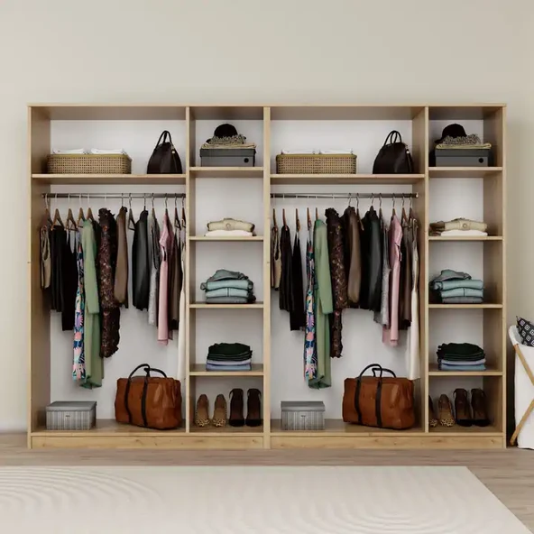 Lucas 6 Kapaklı, 12 Raf Bölmeli, Askılıklı Geniş Elbise Dolabı, Gardırop, Safir Meşe 190*270 - 3