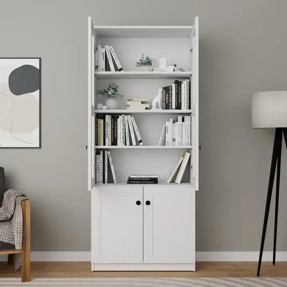 Lisa 4 Kapaklı Beyaz Vitrin - Kitaplık ve Çok Amaçlı Dolap - Resim 3