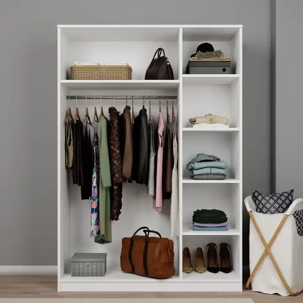 Lucas 3 Kapaklı, 6 Raf Bölmeli, Askılıklı Geniş Elbise Dolabı, Gardırop – Beyaz - Resim 4