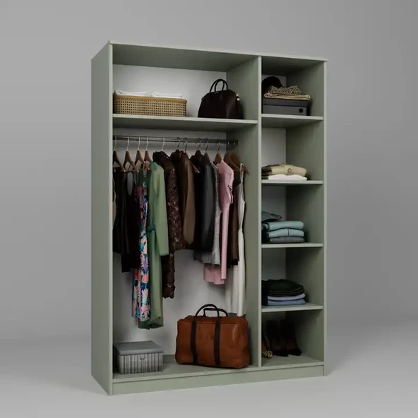Lucas 3 Kapaklı, 6 Raf Bölmeli, Askılıklı Geniş Elbise Dolabı, Gardırop – Yeşil - 8