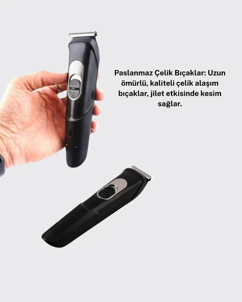 Kablosuz Paslanmaz Çelik Bıçaklı Profesyonel Saç ve Sakal Tıraş Makinesi–Sessiz, Güçlü ve Ergonomik - Resim 3