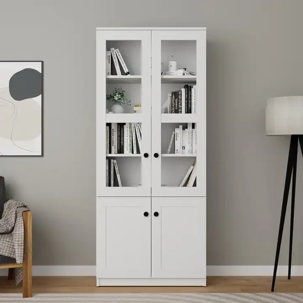 Lisa 4 Kapaklı Beyaz Vitrin - Kitaplık ve Çok Amaçlı Dolap ürün görseli
