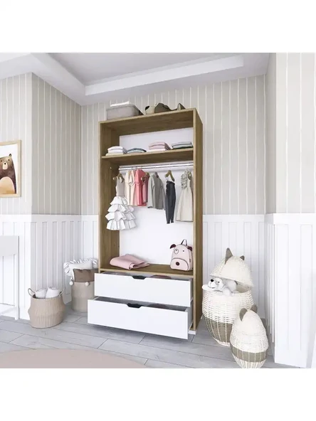 90 Cm Açık Ceviz-Beyaz 2 Kapılı 2 Çekmeceli Elbise Dolabı - Gardırop - Resim 5