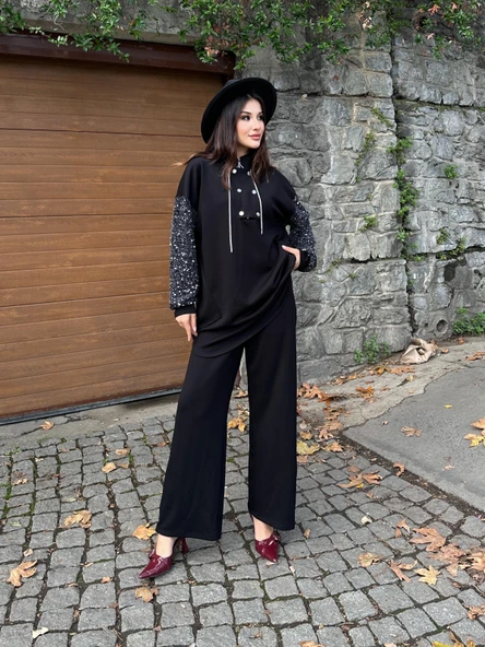 Kadın Siyah Payetli Kol Detaylı Uzun Tunik Kazak Yarım Fermuarlı Bol Kesim - 4