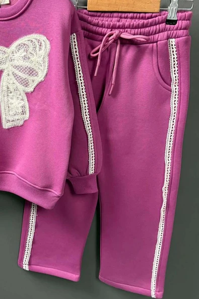 Kız Çocuk Göğsü Kurdela Dantel Şerit Detaylı Bağcıklı 3 İplik Mor Eşofman Takım - Resim 6