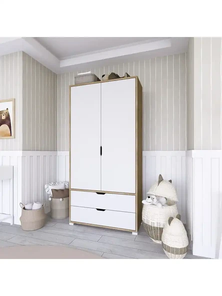 90 Cm Açık Ceviz-Beyaz 2 Kapılı 2 Çekmeceli Elbise Dolabı - Gardırop - Resim 3