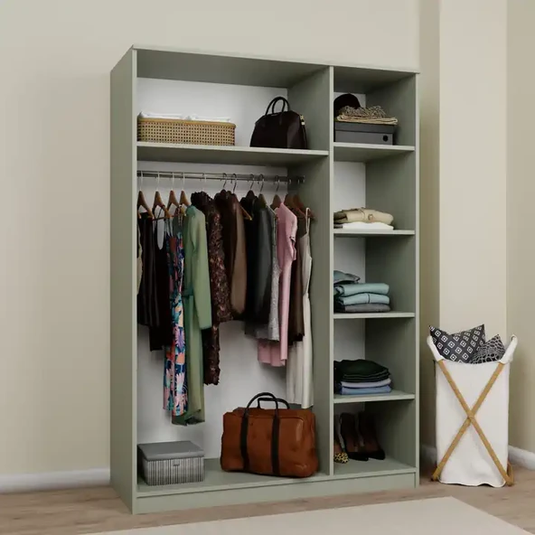 Lucas 3 Kapaklı, 6 Raf Bölmeli, Askılıklı Geniş Elbise Dolabı, Gardırop – Yeşil - 4