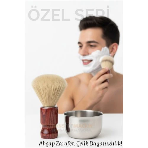 Klasik Tıraş Seti – Ahşap Saplı Fırça & 304 Paslanmaz Çelik Tıraş Tası ürün görseli 1