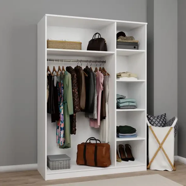 Lucas 3 Kapaklı, 6 Raf Bölmeli, Askılıklı Geniş Elbise Dolabı, Gardırop – Beyaz - Resim 3