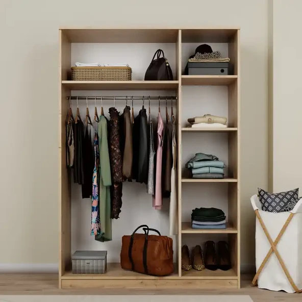 Lucas 3 Kapaklı, 6 Raf Bölmeli, Askılıklı Geniş Elbise Dolabı, Gardırop – Safir Meşe - 3
