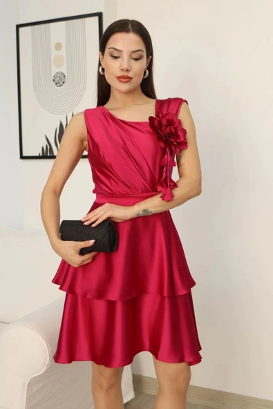 Çiçek Detaylı Saten Elbise 2371-Fuşya - Resim 5