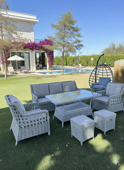 Ayaz 7 Kişilik Rattan Bahçe Oturma Grubu – 3+1+1 Koltuk, Cam Masa Ve 2 Puf Hediyeli Salincakli ürün görseli 1