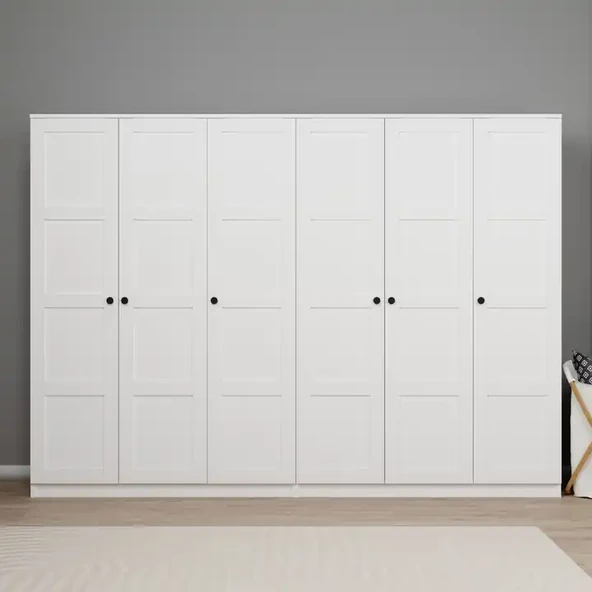 Lucas 6 Kapaklı, 12 Raf Bölmeli, Askılıklı Geniş Elbise Dolabı, Gardırop, Beyaz 190*270 ürün görseli 1