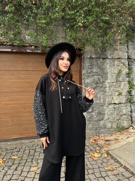 Kadın Siyah Payetli Kol Detaylı Uzun Tunik Kazak Yarım Fermuarlı Bol Kesim - 3