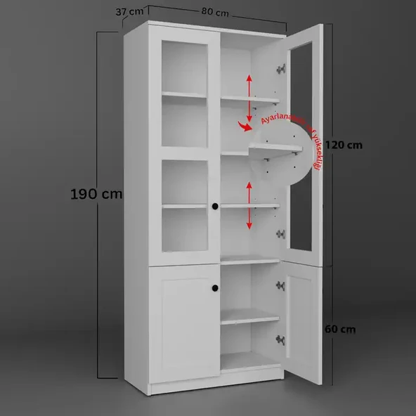 Lisa 4 Kapaklı Beyaz Vitrin - Kitaplık ve Çok Amaçlı Dolap - Resim 7