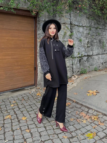 Kadın Siyah Payetli Kol Detaylı Uzun Tunik Kazak Yarım Fermuarlı Bol Kesim - 5