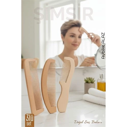 3 lü Doğal Şimşir Ahşap Tarak Seti– 16 cm, Anti-statik, Kepek Karşıtı ve El Yapımı ürün görseli 1