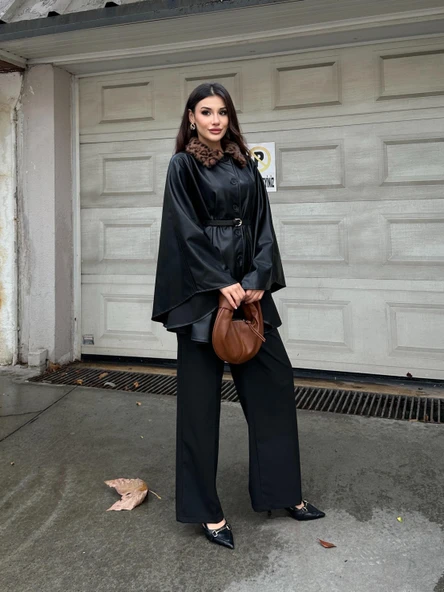 Leopar Kürk Yaka Deri Görünümlü Düğmeli Kemerli Abiye Panço Ceket Siyah - Resim 3