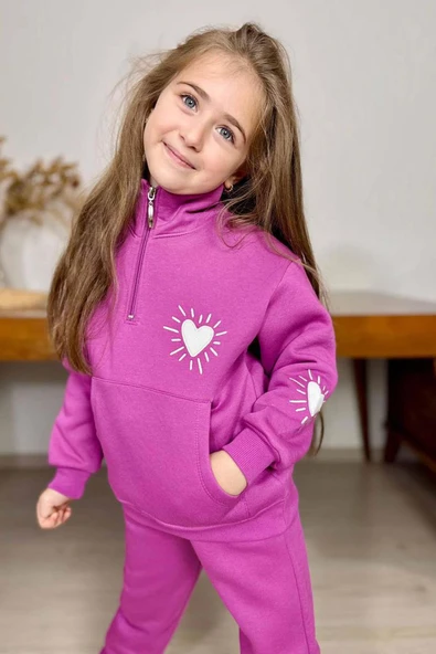 Kız Çocuk Kalp Emoji Baskılı Kanguru Cepli Fermuarlı Sweat Mor Eşofman Takım - Resim 2