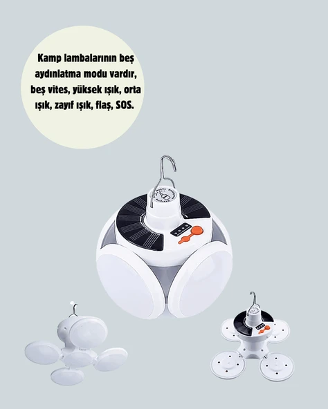Güneş Paneliyle Şarj Olan Katlanabilir LED Çadır Lambası – 5 Kademeli Aydınlatma - Resim 2