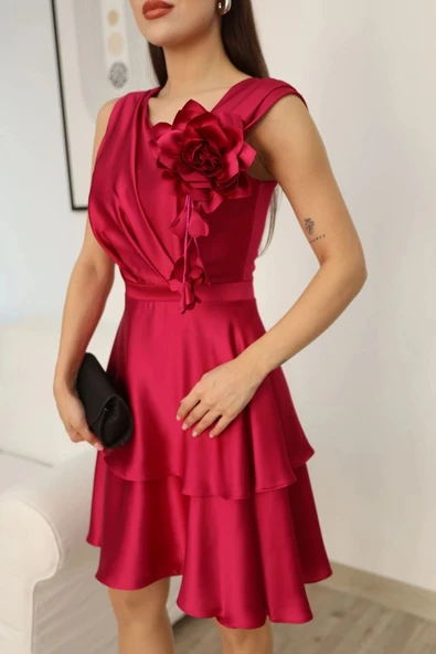 Çiçek Detaylı Saten Elbise 2371-Fuşya - Resim 6