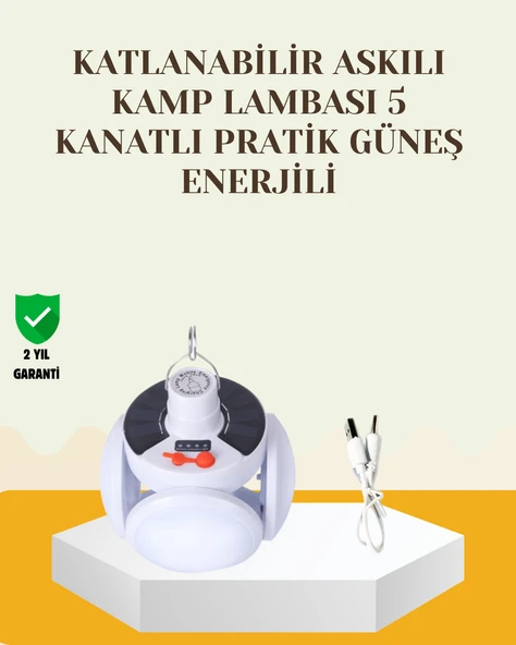 Güneş Paneliyle Şarj Olan Katlanabilir LED Çadır Lambası – 5 Kademeli Aydınlatma ürün görseli