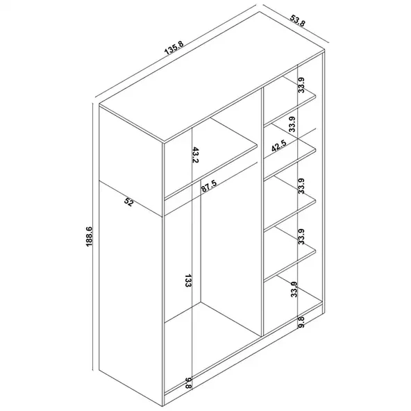 Lucas 3 Kapaklı, 6 Raf Bölmeli, Askılıklı Geniş Elbise Dolabı, Gardırop – Beyaz - Resim 9