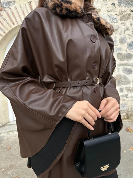 Leopar Kürk Yaka Deri Görünümlü Düğmeli Kemerli Abiye Panço Ceket Siyah - Resim 6