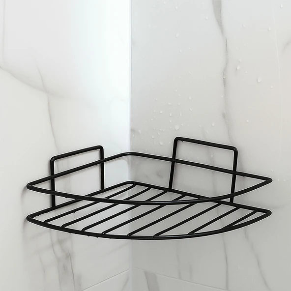 Tek Katlı Duş Şampuanlık Banyo Rafı Metal Şampuan ve Aksesuar Düzenleyici Vidalı Montaj Siyah Renk - Resim 2